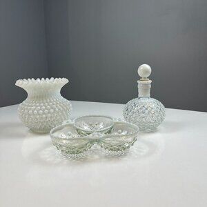 Vtg Fenton hobnail opalescent glass candy trinket dish, vase, parfum bottle set